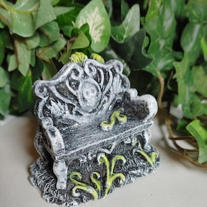 Tiny Concrete Halloween Bench: Cement Skull Figurine (3"H x 2.5"W)