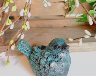 Teal Colored Bird, Concrete Bird, Cement Figurine, Cement Bird, Concrete Figurine, Paperweight, Bird Figure, approx. 3” x 2" x 2".