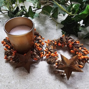 Orange Pip Berry Candle Rings with Jute and Rust Stars (Set of 2)
