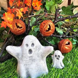 Set of Two Little Concrete Ghosts, Set of Two Cement Figurines, Cement Ghost, Tallest One is 3.5” tall and 3.5” wide.