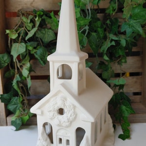 11 Inch Holiday Village Bisque Church Tea Light Lantern, Ready to Paint  - Ceramic Bisque Ready to Paint - DIY Project