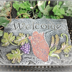 Handcrafted Concrete Welcome Plaque: Painted Floral Cement Sign