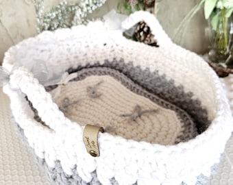 Gray and White 12" Handmade, Crochet, Baby Doll Bassinet, Basket  Bed, Mattress,  for up to 11"  Dolls,  Minky Blanket, Accessories
