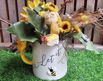 Let it Bee Mug Floral Arrangement 9-11" High  w/Bulb, Sunflowers, Leaves, Bees in Ceramic Mug, Ready to Ship