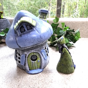 Concrete Mushroom House with Little Girl: Hand-Painted Garden Decor (6&quot; x 5&quot;)