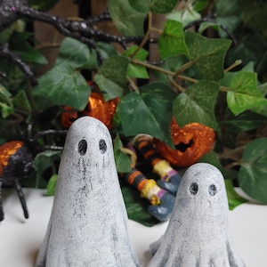 Two Little Concrete Ghosts, Cement Figurines, Cement Ghost, Tallest One is 2.75” tall and 2.5” wide.