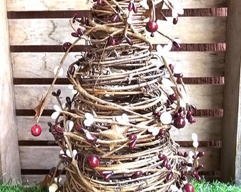 Grapevine Cone Tree with Mixed Burgundy & Cream Pip Berries, Rust Stars,  FarmhouseDecor,  approx. 10.5 to 11" x 5" base.