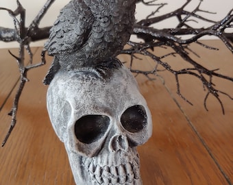 Concrete Skull and Raven: Gothic Halloween Decor