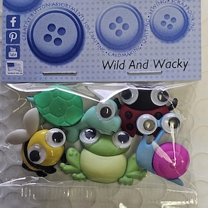 May include: A package of colorful, whimsical buttons featuring a turtle, bee, frog, ladybug, and snail. The buttons are made of plastic and have googly eyes. The package is labeled "Wild And Wacky".
