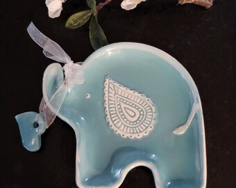 Teal Blue Elephant Dish: Handmade Ceramic Ring Trinket Holder