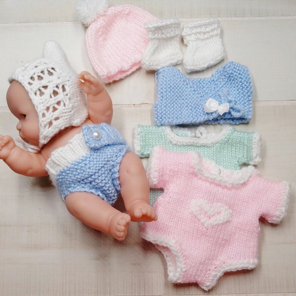 Pattern 8 Inch Berenguer Doll Knitted Layette, Romper, Diaper Shirt, Diaper Cover, Hats and Booties Pattern  for 8" Doll