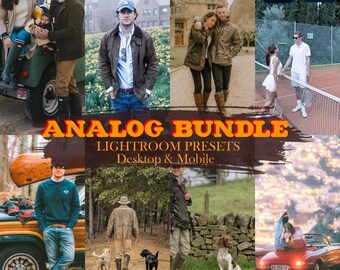 May include: A collection of Lightroom presets for desktop and mobile devices, called "Analog Bundle". The image shows various photos with different color tones and styles, suggesting the presets can be used to create a vintage or film-like look.