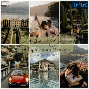 Peut inclure: Un collage d'images du lac de Côme, en Italie, avec une villa, un cabriolet rouge et des couples en bateau. Le texte superposé indique "Lake Como" et "14 Lightroom Presets Desktop + Mobile."