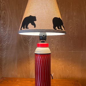Rustic Bear Silhouette Lamp, Vintage Red Thermos Base, Woodland Cabin Decor