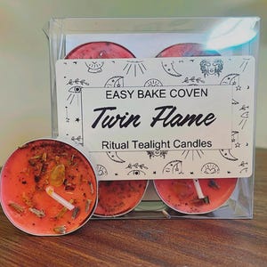 Twin Flame Tealight Candles - Set of 8 with Rose, Lavender, Damiana, Rose Oil & Carnelian - Ritual Candles for Love, Connection,  Witchcraft