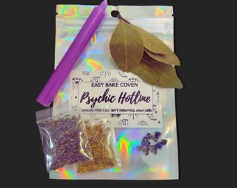 Psychic Hotline (doe-het-zelf spreukenpakket) – waarzeggerij cadeau paarse kaars, kruiden en kristal