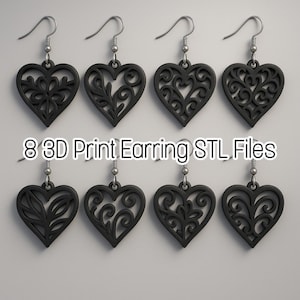 May include: Eight black heart-shaped earrings with detailed, openwork patterns. Each earring is suspended from a silver-coloured hook. The text "8 3D Print Earring STL Files" is displayed in white.
