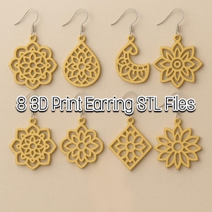 Könnte beinhalten: Acht goldfarbene, lasergeschnittene Ohrringe mit verschiedenen floralen und geometrischen Designs. Die Ohrringe werden mit silbernen Haken präsentiert. Der Text auf dem Bild lautet "8 3D Print Earring STL Files".