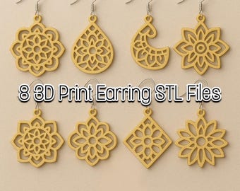 8 file STL per orecchini, modelli per stampa 3D, file STL per orecchini pendenti, file per stampa 3D per set di gioielli, file STL per ciondoli di collane
