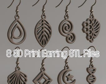 8 file STL per orecchini, modelli per stampa 3D, file STL per orecchini pendenti, file per stampa 3D per set di gioielli, file STL per ciondoli di collane