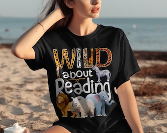 Camiseta "Loco por la lectura", animales de safari, profesora bibliotecaria