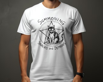 Summoning Snacks and Demons Cat Graphic T-Shirt, Witchy Occult Tee