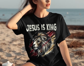 Jesus Is King Lion Graphic Tee, Religious Christian T-Shirt