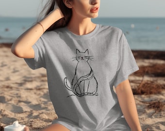 Minimalist Cat Line Art T-Shirt, Feline Lover Graphic Tee