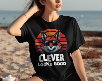 Maglietta Clever Fox, grafica retrò del tramonto, maglietta alla moda con animali