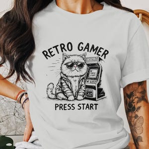 Retro Gamer Cat T-Shirt, Cute Cat With Sunglasses Graphic Tee, Press Start Retro Gaming Shirt, Fun Cat Arcade Game Tee, Gamer Gift