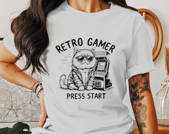 Retro Gamer Cat T-Shirt, Fun Arcade Game Tee