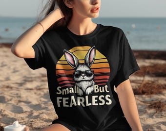 Magliette piccole ma coraggiose, magliette con coniglietti, tramonto retrò, magliette divertenti, magliette con conigli fantastici, magliette con animali