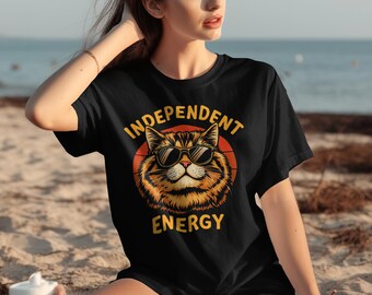 Magliette Independent Energy Cat, maglietta cool per gli amanti dei gatti, maglietta divertente con occhiali da sole e gattino, magliette con design esclusivo per gatti