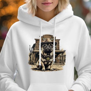 Camiseta engraçada de cowboy xerife buldogue, presente exclusivo para amantes de cães, camiseta de desenho animado de cachorro xerife, camiseta engraçada com estampa de animais para homens, mulheres e crianças