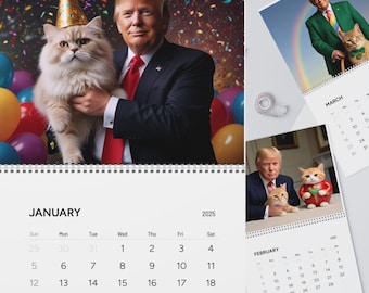 May include: A 2025 calendar featuring a photo of a man holding a cat. The calendar has a colorful background with confetti and balloons. The month of January is highlighted with the dates 29 through 31. The text "Fast shipping" is visible at the bottom of the image.
