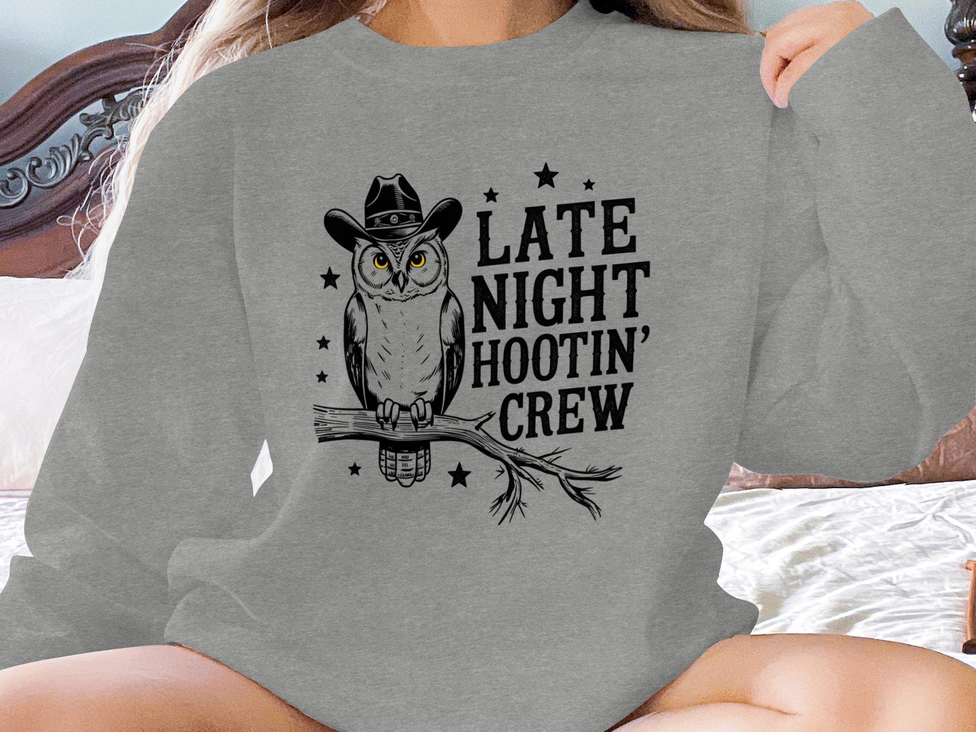 Vintage Owl Graphic Sweatshirt, Late Night Hootin Crew Shirt, Funny Owl Lover Gift, Trendy Animal Pr