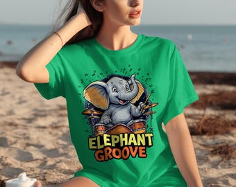 Magliette Elephant Groove, Elefante che suona la batteria, Magliette per amanti della musica, Animali che suonano la batteria, Elefante dei cartoni animati, Magliette con band, Idea regalo