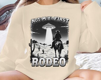 UFO Cowboy Sweatshirt: Western Alien Abduction Graphic Crewneck
