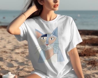 Abstract Cat Art T-Shirt: Pastel Feline Design, Cat Lover Gift