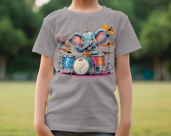 Magliette con elefante che suona la batteria, maglietta con animale carino, maglietta con musicista, magliette colorate con batteria, grafica con elefante dei cartoni animati, regalo per gli amanti della musica