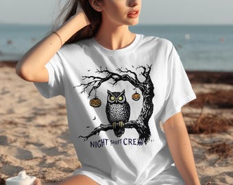Gothic Owl Halloween T-Shirt: Spooky Night Shift Crew Tee
