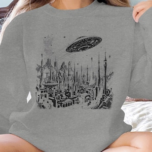 Futuristic City T-Shirt, Sci-Fi Landscape Tee, Vintage Spaceship Illustration, Urban Fantasy Art Shirt, Space Adventure Graphic Top