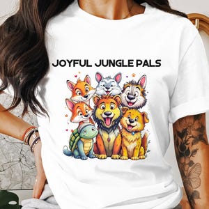 Joyful Jungle Pals T-Shirt, Cute Animal Friends Graphic Tee, Happy Wildlife Pet Lovers Shirt, Adorable Cartoon Animals Print