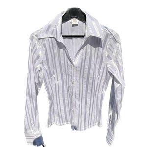 May include: A white long-sleeved button-up shirt with vertical stripes. The shirt has a classic collar and a fitted silhouette.