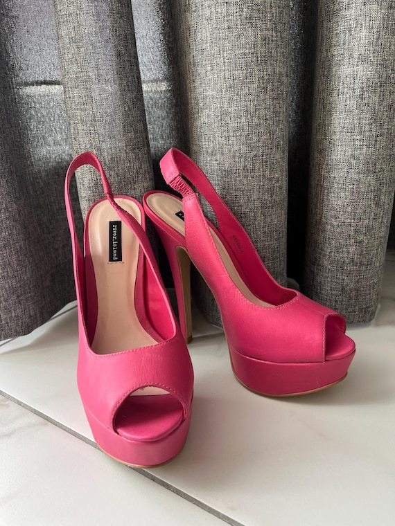 Vintage River Island neon pink Leather Open Toe Platform Stiletto Heels  size EU 36/US 5/UK