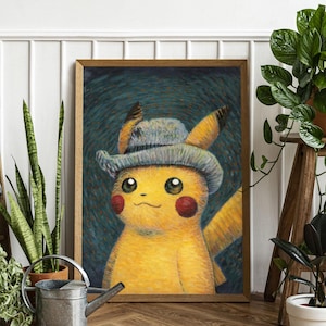 Pikachu Van Gogh Leinwand Wandkunst, Pikachu Van Gogh Poster, Pikachu Van Gogh Druck, Reproduktion Kunst, emotionales Kunstwerk, Geschenk für Pikachu Fans