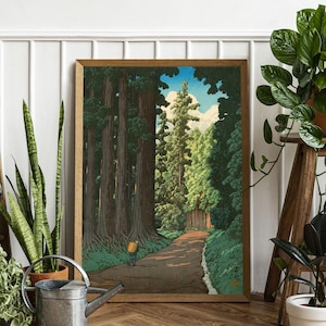 Vintage Japanese Forest Poster, Woodblock Art, Road to Nikko