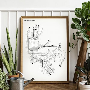Metrokaart New York City / NYC / Minimale posterprint / Muurkunst in metrostijl / Canvas woondecoratie / Zwarte lijst reiscadeau