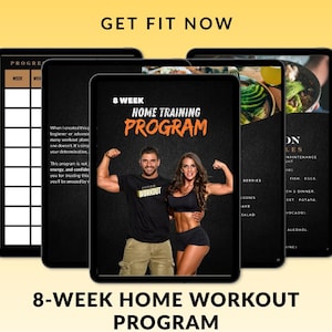 Könnte beinhalten: Werbebild mit mehreren schwarzen Tablets mit Inhalten zum Thema Fitness. Das zentrale Tablet zeigt ein "8-Wochen-Heimtrainingsprogramm" mit einem Mann und einer Frau, die ihre Muskeln anspannen. Der Text oben lautet "GET FIT NOW" und unten "8-WEEK HOME WORKOUT PROGRAM".