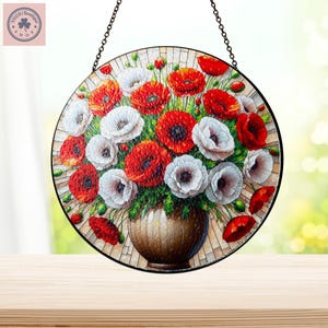 Poppy Pot Flowers Stained Glass, Poppy Garden Window Hanging, Poppy Flower Window Hanging, Flowers Suncatcher, Poppy Home Decor